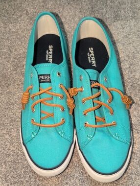 Sperry Seacoast Turquoise Canvas Slip-On Sneakers with Brown Laces